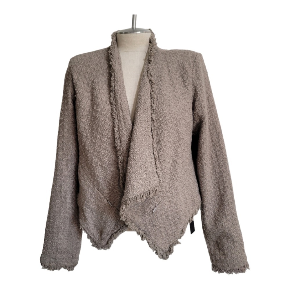 BLANK NYC Womens Taupe Tweed Jacket M Fringed Open Front Drape Boho NWT